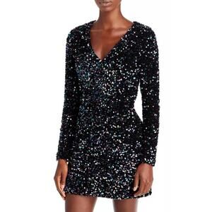Aqua XS Rainbow Sequined Mini Dress puff sleeve long sleeve